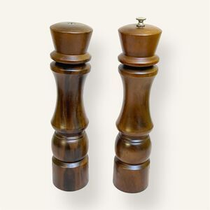 VTG Large Wood Turned Salt Shaker & Pepper Mill Grinder Set 12” MCM Retro Rustic